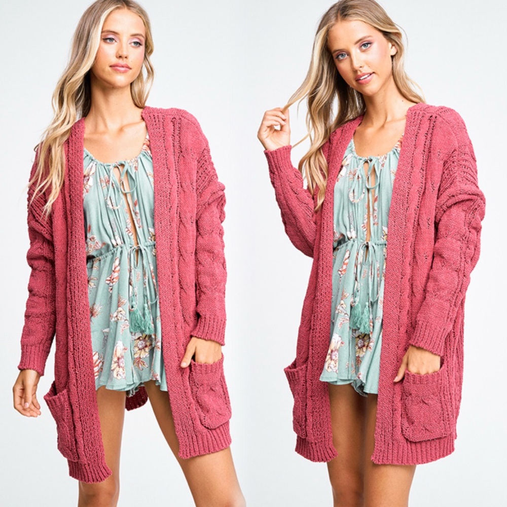 Cozy Soft Rose Pink Cable Knit Chenille Cardigan - Picture 9 of 12